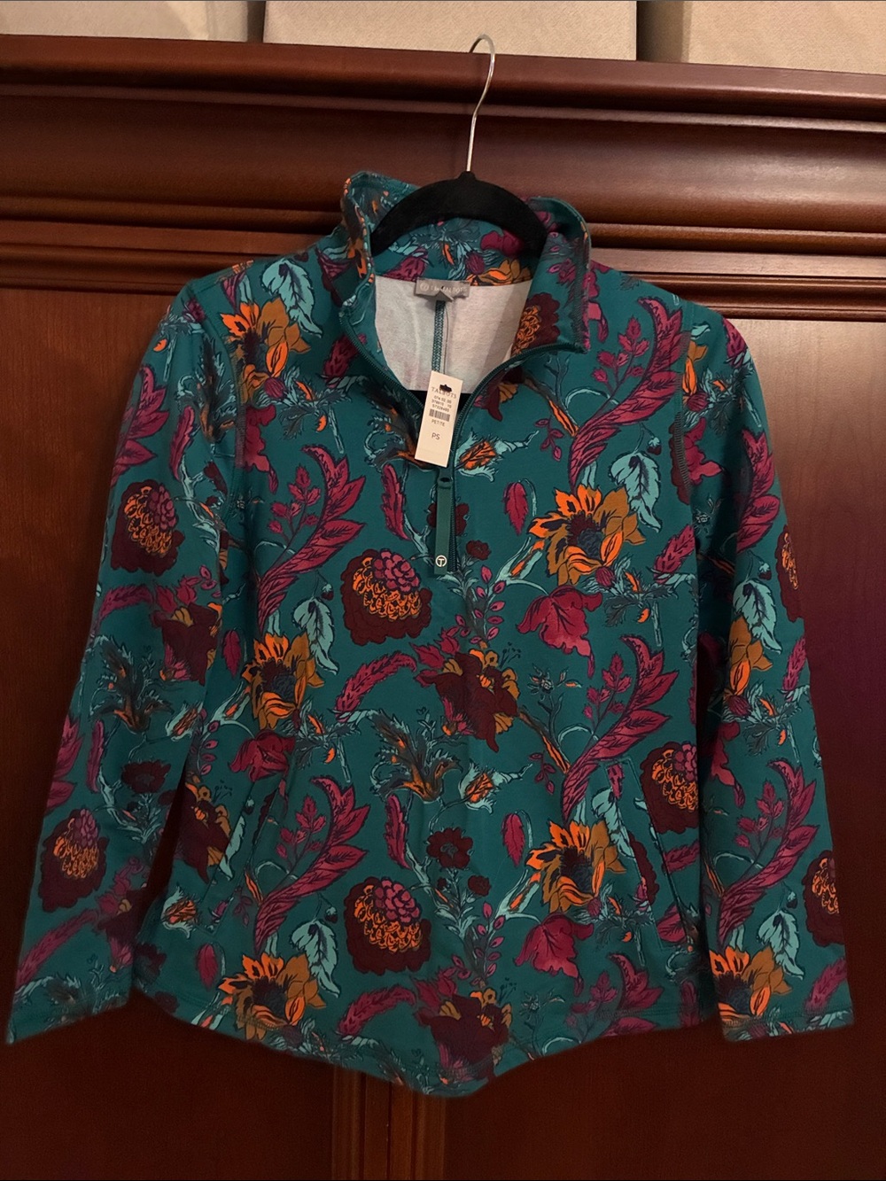 Talbots Teal Floral Quarter-Zip Pullover Jacket